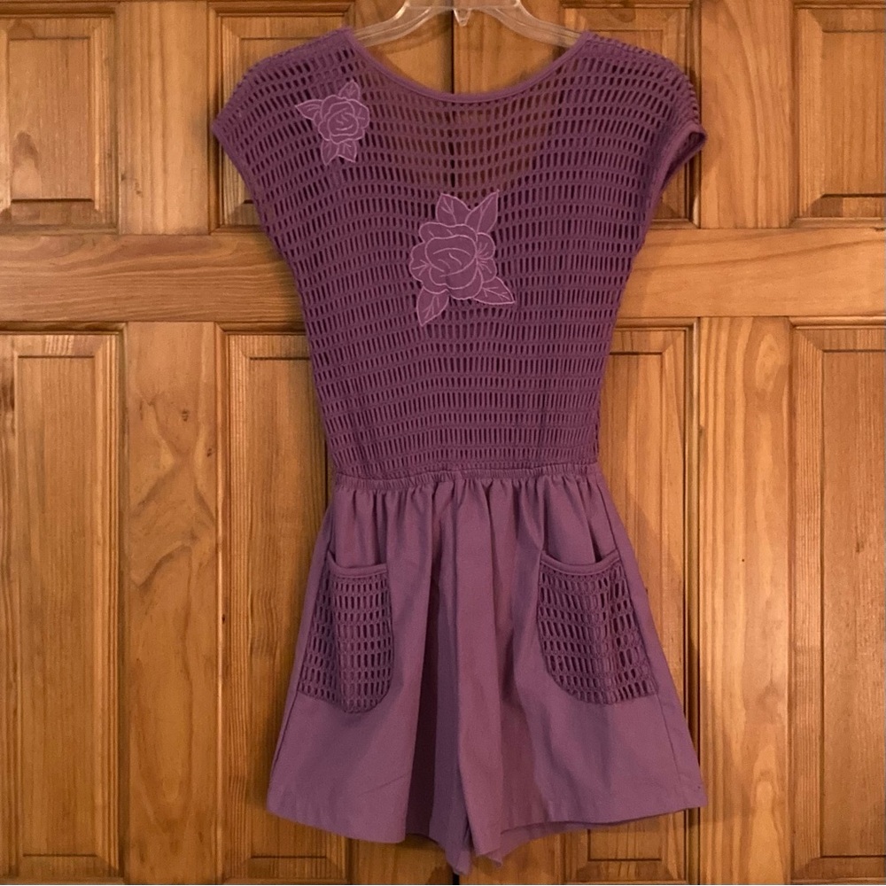 NWOT Liz Thomas Vintage 80s Romper Loose Knit Jumpsuit Shorts Purple L Large